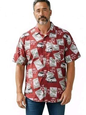 Vintage Hawaiian Shirt Cotton Camp Woody Station Wagon Surf Beach Red Men XL